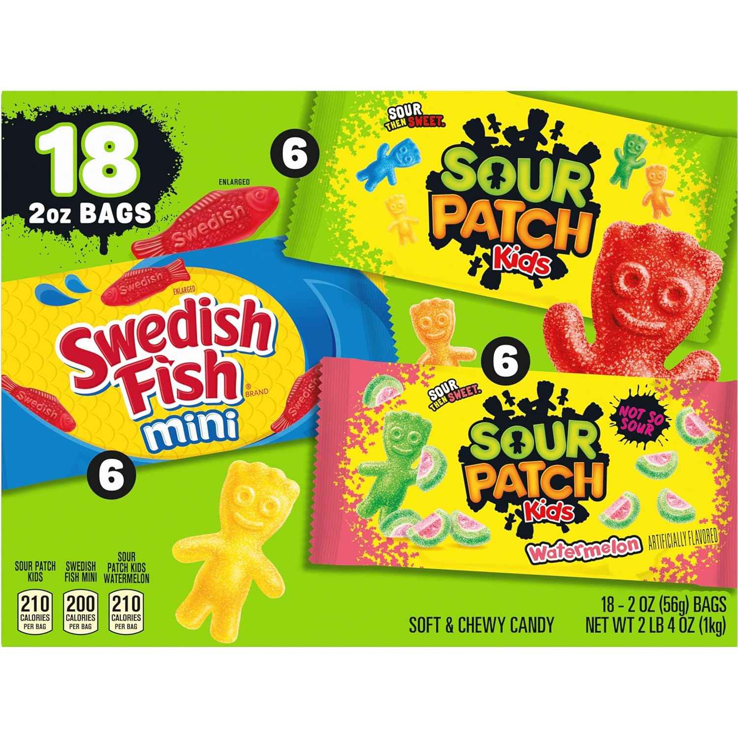 SOUR PATCH KIDS and SWEDISH FISH Mini Soft & Chewy Candy Variety Pack, Bulk Candy, 18-2 oz Bags