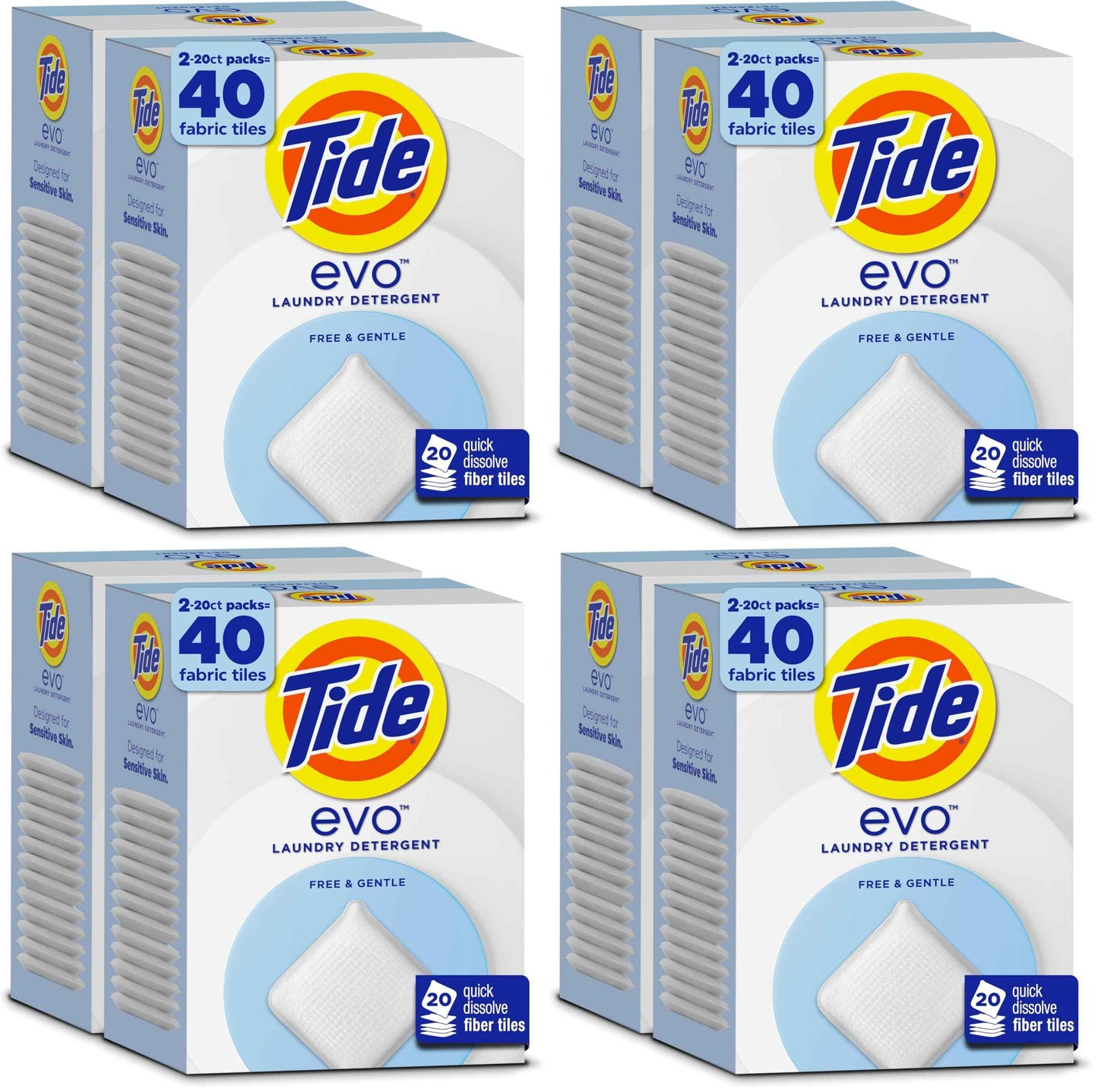 Tide evo Free & Gentle Tiles Fragrance-Free Hypoallergenic Laundry Detergent Fiber Tiles for Sensitive Skin Works on 100% of Common Stains Safe for All Machines and Water Conditions, 40 Count