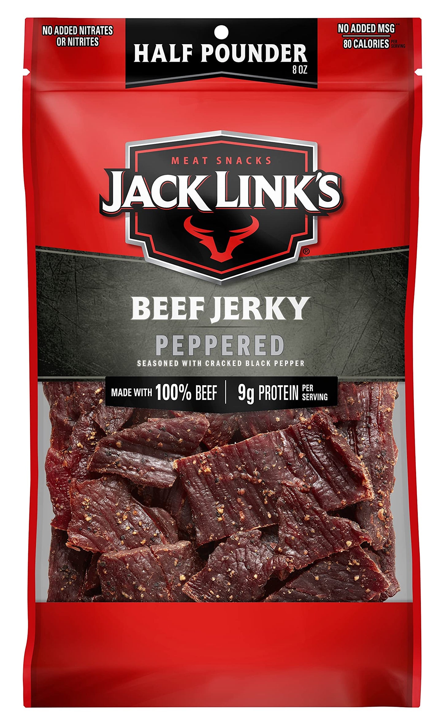 Jack Link&amp;#39;s Beef Jerky, Peppered, Half Pounder Large Jerky Bag - Flavorful Meat Snack, Ready to Eat Protein Snacks with 9g of Protein per Serving, Made with 100% Beef