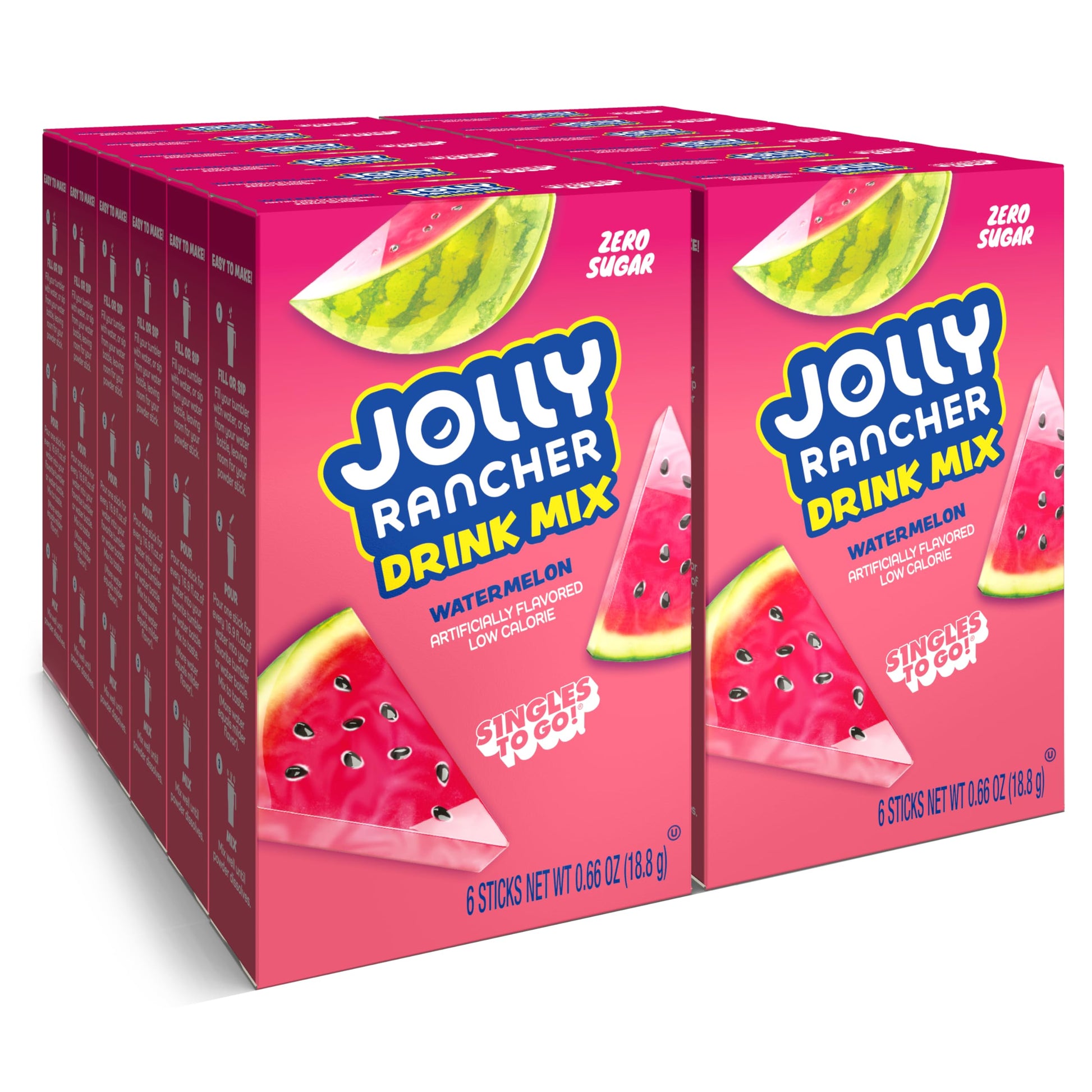 SINGLES TO GO! Jolly Rancher Rancher Water Drink Mix, Watermelon, 12 Boxes With 6 Packets Each, 72 Total Servings