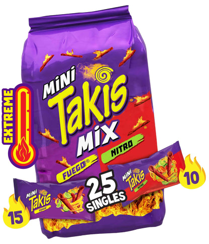 Takis Mini 25 pc / 1.23 oz Bite Size Variety Pack, Flavored Mixed Rolled Tortilla Chips