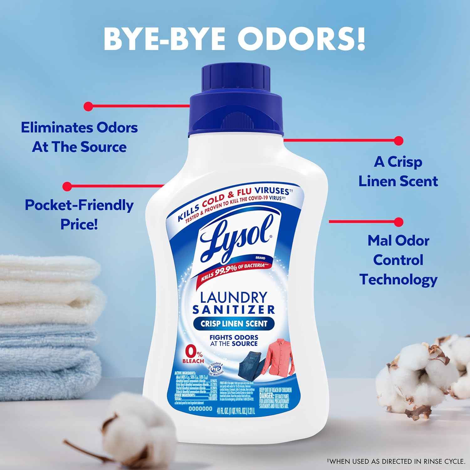 Lysol Disinfectant Laundry Sanitizer & Scent Booster, Laundry Detergent Additive, Color Safe Bleach Alternative, Laundry Odor Eliminator, Kills Bacteria & Viruses, Crisp Linen Scent, 41 Fl Oz Liquid