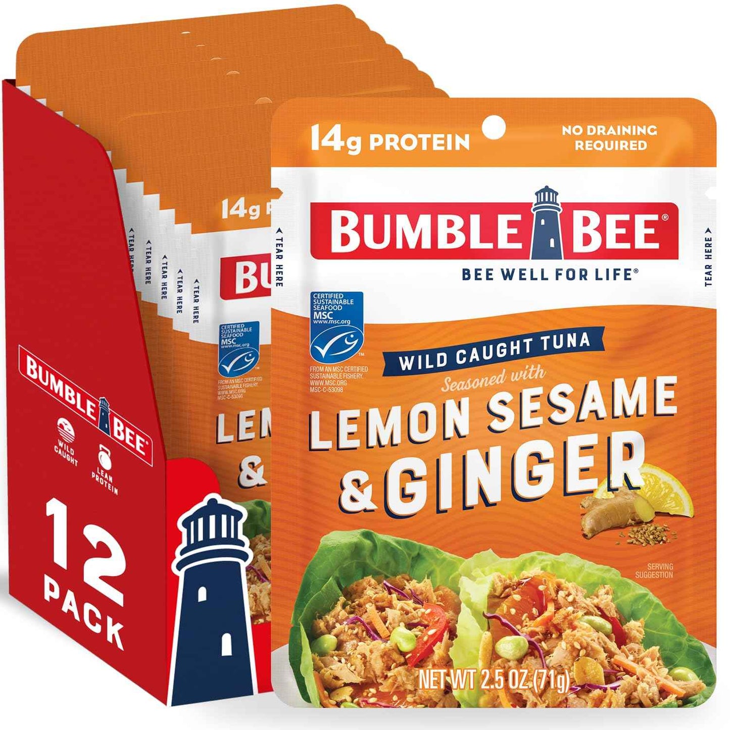 Bumble Bee Seasoned Tuna Pouch - Wild Caught and Ready to Eat for Snack, Salad, Korean Tuna Bowl - 14g Protein per Serving - PERFECT, PORTABLE, GOODNESS - 2.5 oz Packet