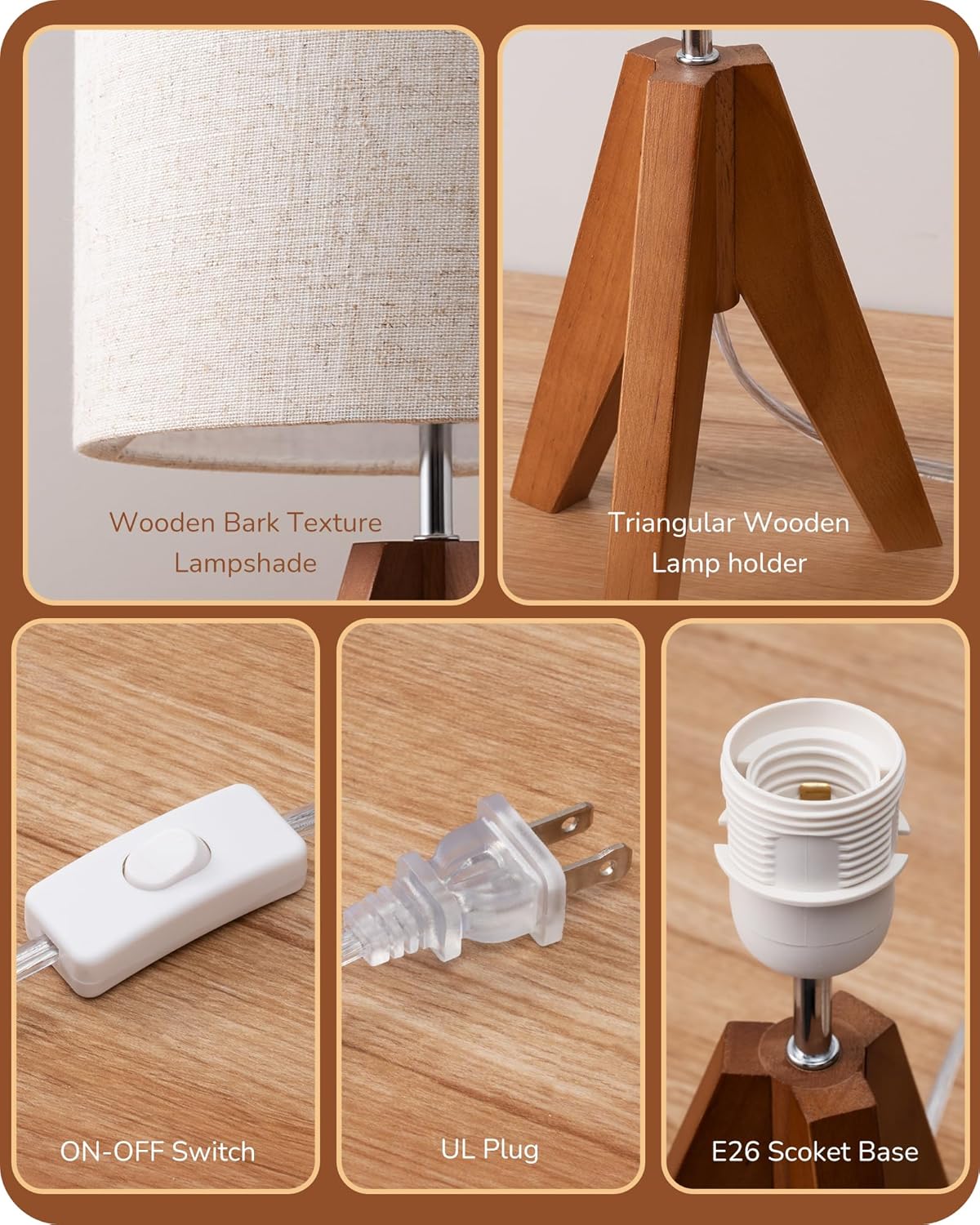 EDISHINE_Tripod_Table_Lamp,_Small_Cute_Bedside_Lamp_with_Linen_Beige_Lampshade,_Nightstand_Lamp_for_Nursery,_Bedroom,_Kid_Room,_Living_Room,_Light_Brown_Wooden_Base,_E26_Socket,_14.2_Inch