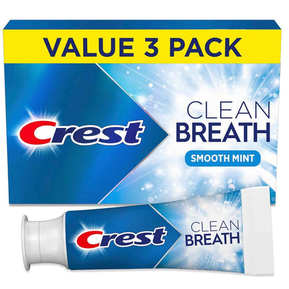 Crest Toothpaste Clean Breath Smooth 3.3oz Pack of 3 – Neutralizes Bad Breath, Antibacterial Protection, Fights Cavities, Freshens Breath, Gently Whitens