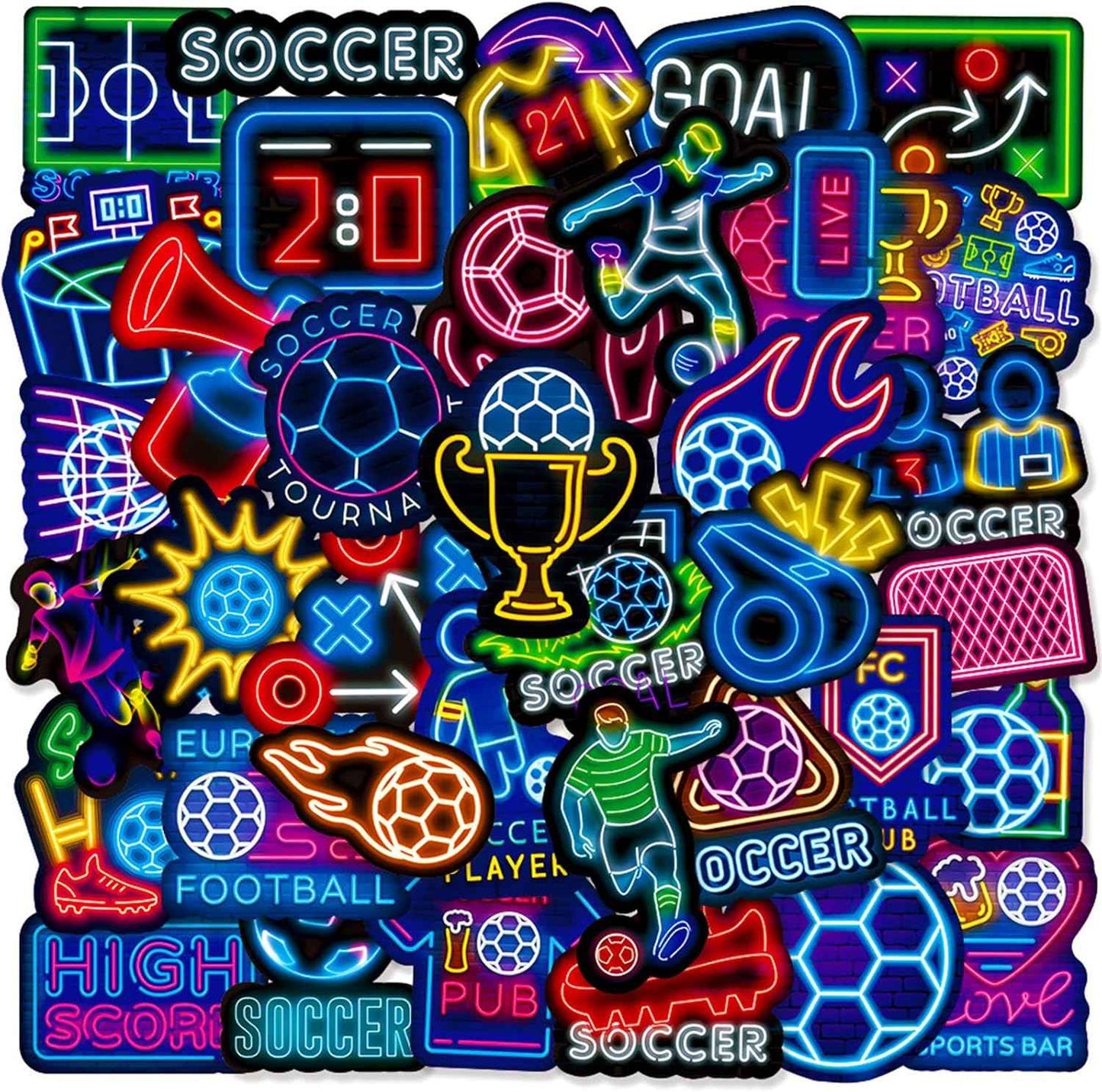 50pcs Neon Sports Theme Sticker,Waterproof Vinyl Stickers - Football SoccerDecor & Party Favors Gifts for Laptop, Water Bottle, Skateboard Guitar (Neon Sticker-2)