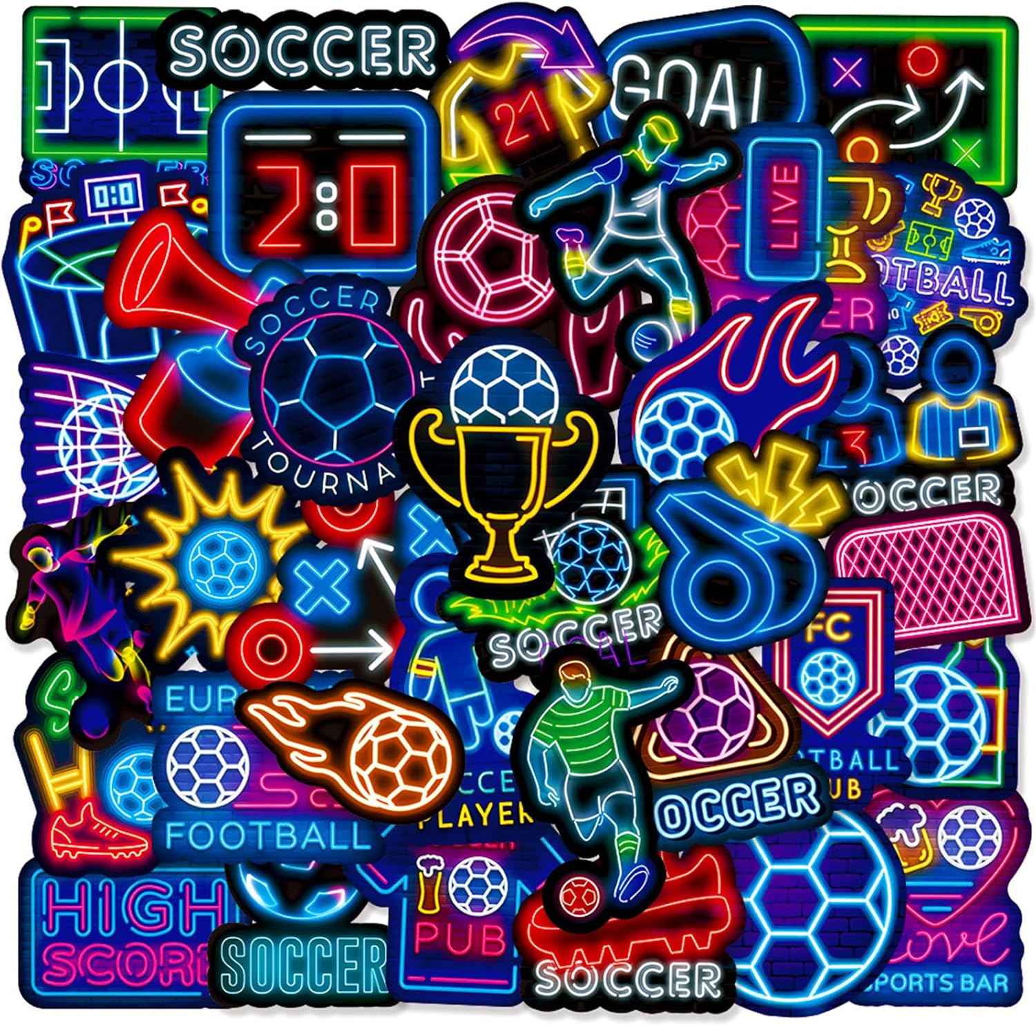 50pcs Neon Sports Theme Sticker,Waterproof Vinyl Stickers - Football SoccerDecor & Party Favors Gifts for Laptop, Water Bottle, Skateboard Guitar (Neon Sticker-2)