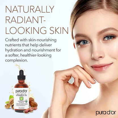 PURA D'OR 4 Oz Organic Vitamin E Oil 70,000 IU, USDA Certified Face, Body, Hair & Bath Oil with Argan, Jojoba, Rosehip, Apricot, Almond & Avocado, Lightweight Moisturizing Blend for Soft, Smooth Skin