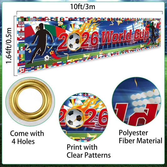World Cup Banner for 2026 International Flags Decorations Around The World Cup Backdrop 118×20Inch World Map Trophy Photo Backdrop Cloth for Soccer Party, Bar, Home (Blue)