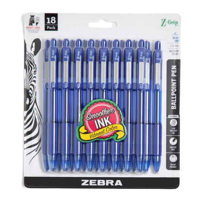 Zebra Pen Z-Grip Retractable Ballpoint Pen, Smooth-Flowing Blue Ink, 1.0mm Medium Point, School &amp;amp; Office Supplies, Ideal for Note-Taking, Journal and Planner Use, 18-Pack (22258)