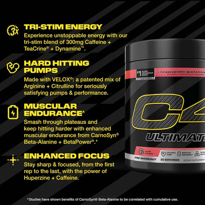 C4 Ultimate Pre Workout Powder - Sugar Free Preworkout Energy Supplement for Men & Women - 300mg Caffeine + 3.2g Beta Alanine + 2 Patented Creatines - 20 Servings