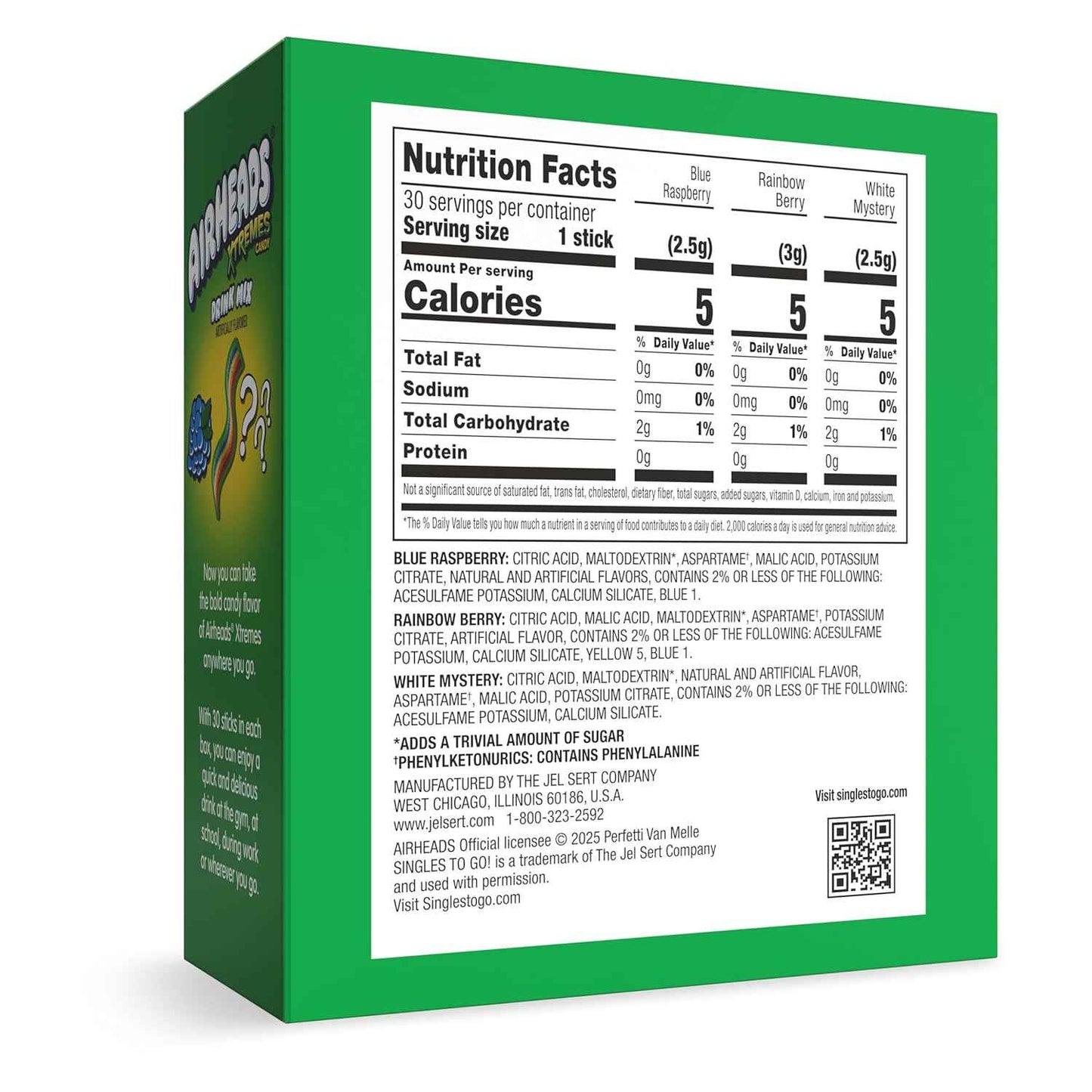 Airheads Xtreme Singles To Go! Drink Mix 30ct Variety Pack, Zero Sugar, Low Calorie, Sweet & Sour Powder Drink Mix Packets, Blue Raspberry, Rainbow Berry, White Mystery, 30 Count