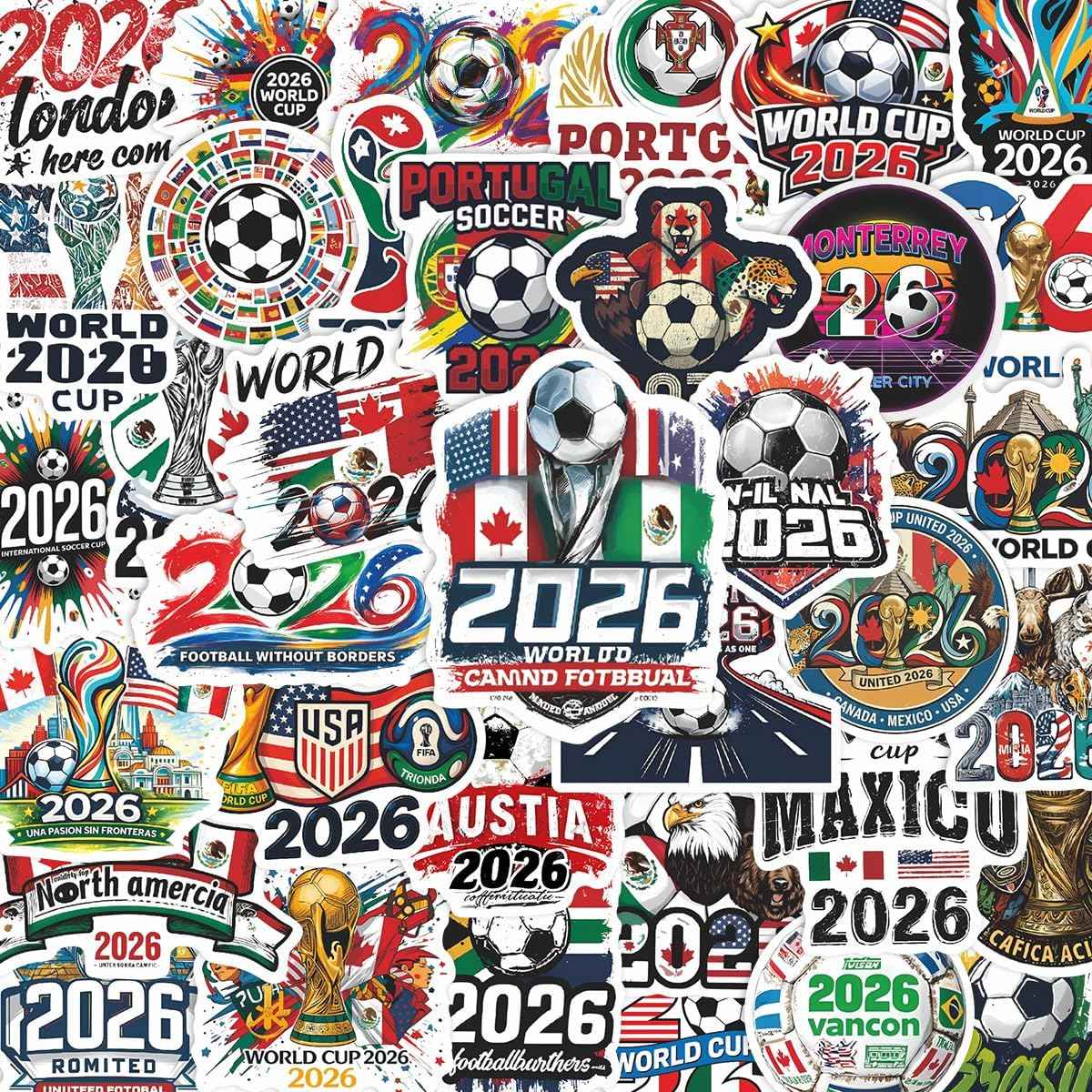 World Cup Football Soccer Stickers Soccer Water Bottle Stickers,Soccer Party Sport Stickers Vinyl Waterproof Laptop Sticker,Graffiti Decals Gifts for Helmets Scrapbook Kids Teens Adults 50Pcs