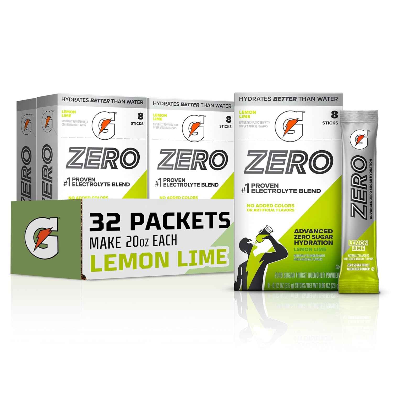 Gatorade Zero Sugar Electrolyte Powder Drink Mix, (32 Servings), No Artificial Flavors, No Added Colors, Zero Sugar, Sports Drinks, Hydration, Electrolyte Drink