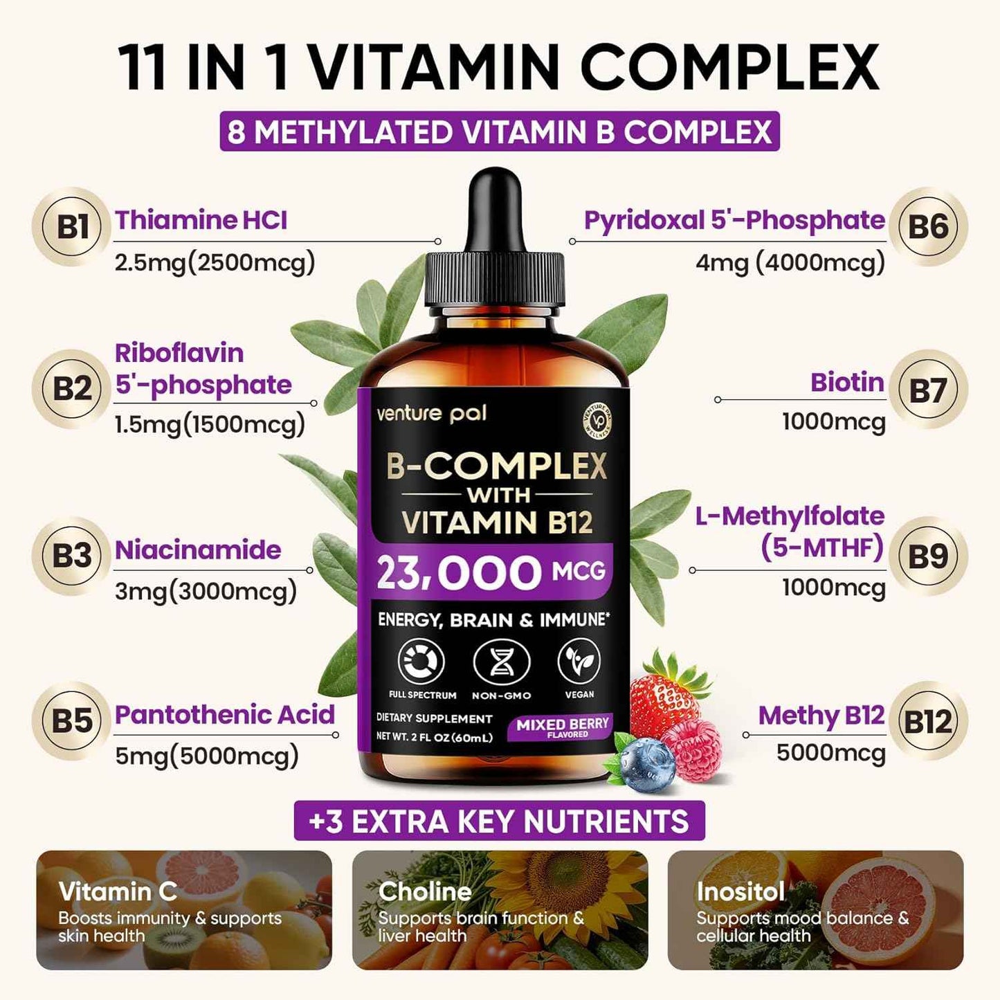 Venture Pal Vitamin B Complex Liquid Drops, B12 Methylcobalamin | B9 Folic | B1,B2,B3,B5,B6,B16 - Vitamin C, Choline, Inositol, Immune & Energy Metabolism, Brain & Heart Support