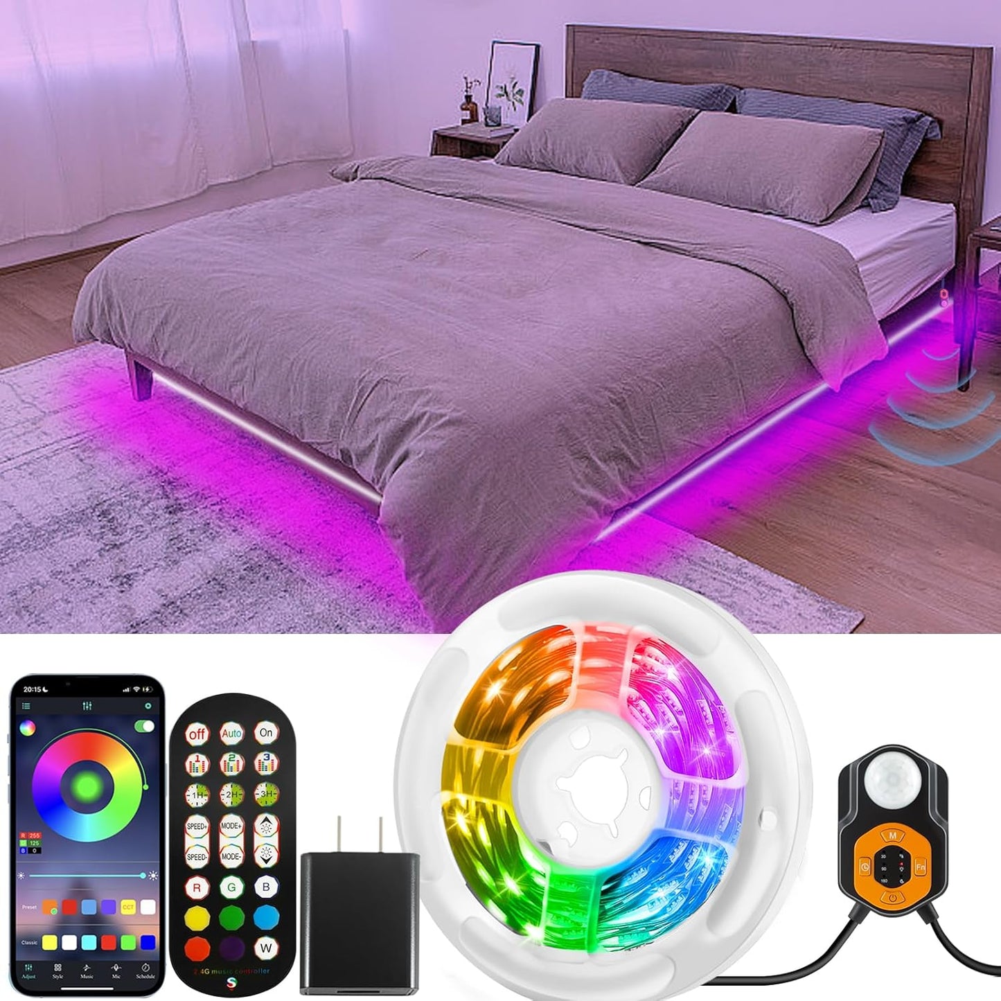 Motion_Sensor_LED_Light_Strip_9.84ft/19.68ft_Under_Bed_Lights,_RGB_3_Mode_Motion_Activated_Bed_Light_with_Music_Sync_and_Timer,_Dimmable_Color_Changing_LED_Lights