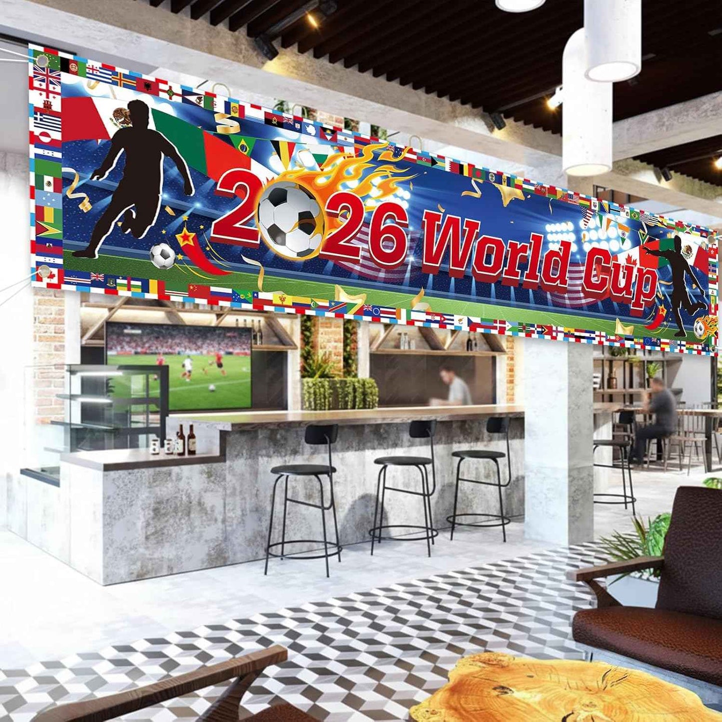 World Cup Banner for 2026 International Flags Decorations Around The World Cup Backdrop 118×20Inch World Map Trophy Photo Backdrop Cloth for Soccer Party, Bar, Home (Blue)