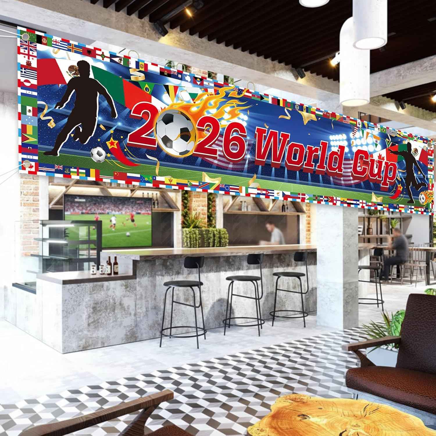 World Cup Banner for 2026 International Flags Decorations Around The World Cup Backdrop 118×20Inch World Map Trophy Photo Backdrop Cloth for Soccer Party, Bar, Home (Blue)