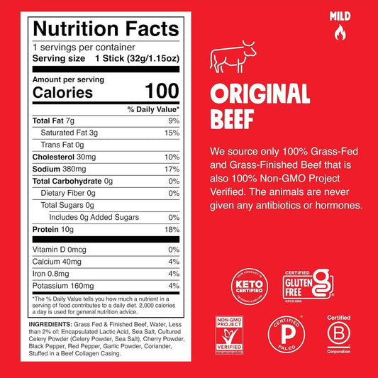 Chomps Grass-Fed and Finished Jerky Snack Sticks 10-Pack - Keto, Paleo, Whole30, 10g Lean Meat Protein, Gluten-Free, Zero Sugar Food, Non-GMO