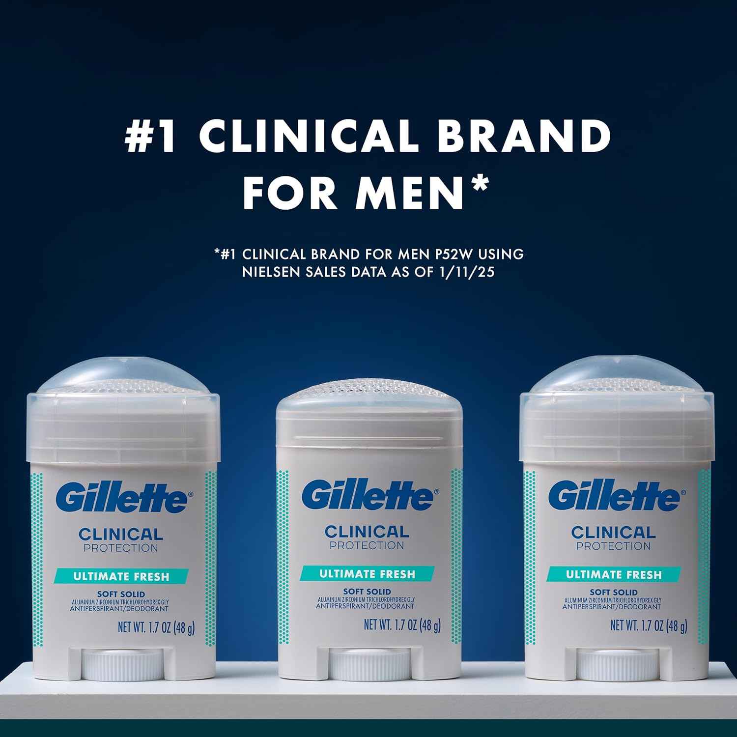 Gillette Clinical Antiperspirant and Deodorant for Men, 100HR Sweat & Odor Protection, Long Lasting Freshness, Anti-White Mark Technology, Gentle on Skin, Soft Solid, Ultimate Fresh Scent, 2.6 oz