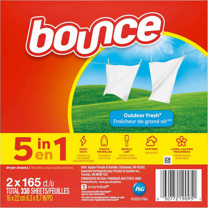 Bounce Dryer Sheets, Outdoor Fresh Scent, Fabric Softener Sheets, Reduces Static, Softens and Fights Wrinkles