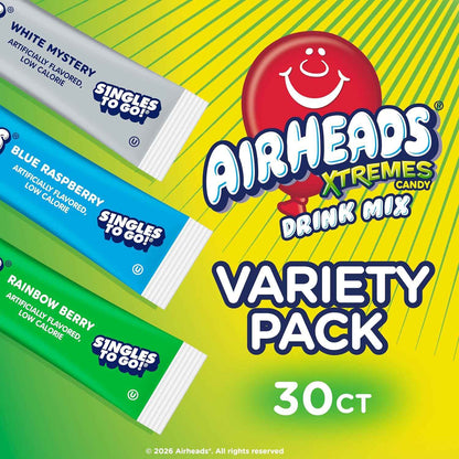 Airheads Xtreme Singles To Go! Drink Mix 30ct Variety Pack, Zero Sugar, Low Calorie, Sweet & Sour Powder Drink Mix Packets, Blue Raspberry, Rainbow Berry, White Mystery, 30 Count