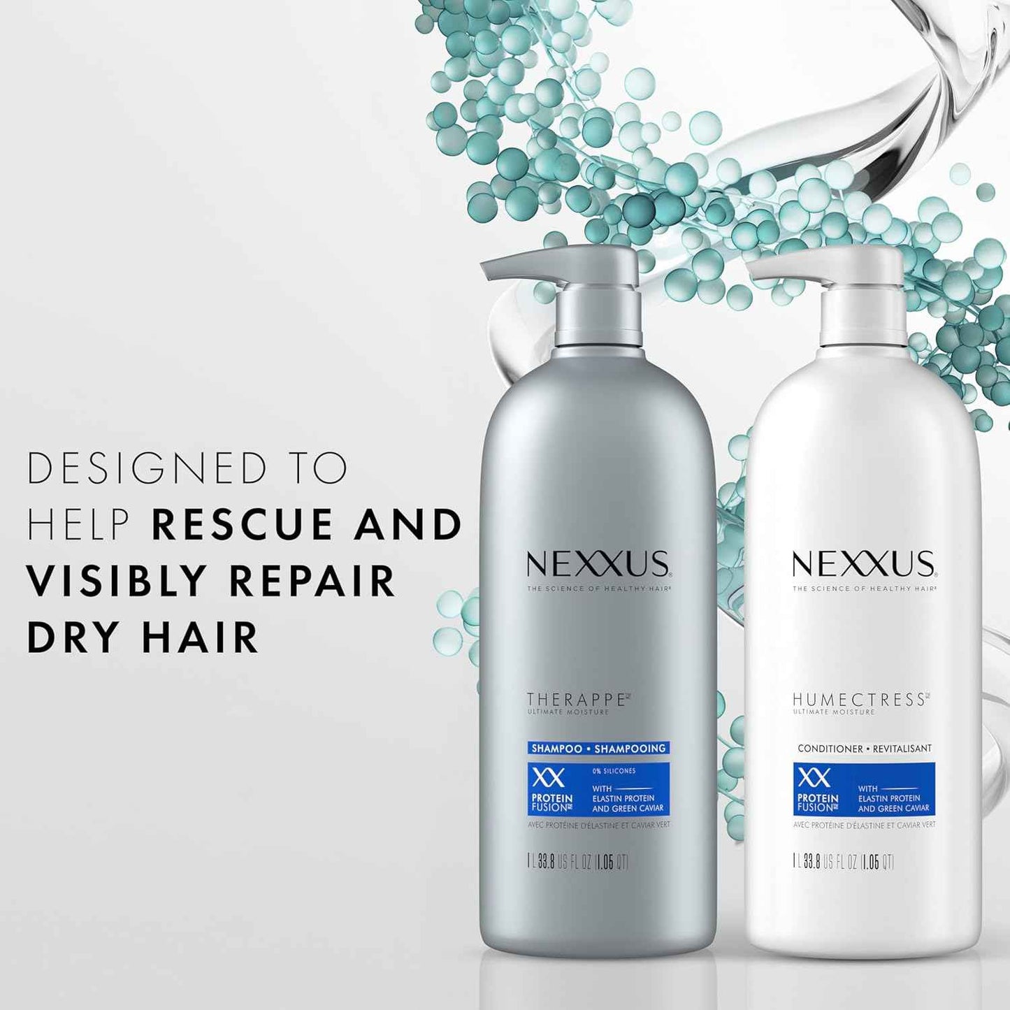 Nexxus Shampoo and Conditioner Therappe Humectress 2 Count for Dry Hair Silicone-Free, Moisturizing Caviar Complex and Elastin Protein for thicker and stronger hair