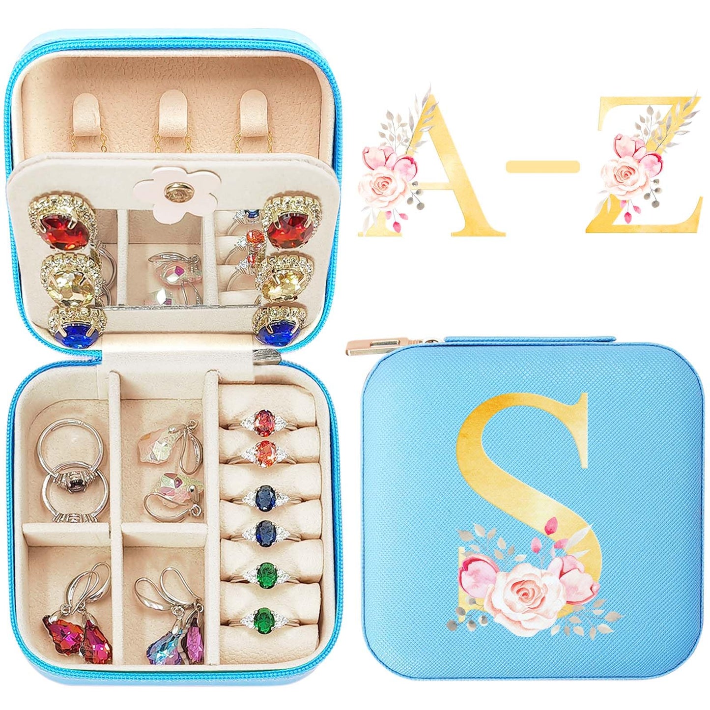 Monogram Travel Jewelry Case, Blue Portable Jewelry Box Organizer w Mirror, Vacation Essentials Birthday Gifts for Women TeacherRing Necklace Earring Jewelry Holder Organizer Preppy Stuff (S)