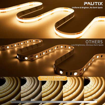 PAUTIX_5V_USB_COB_LED_Strip_Light,_Dimmable_2700K/3000K/4000K/6000K_CRI90+_with_RF_Remote_TV_Backlight,Flexible_Under_Cabinet_Tape_Light_for_Bedroom,Kitchen,Home,Office_DIY_Lighting