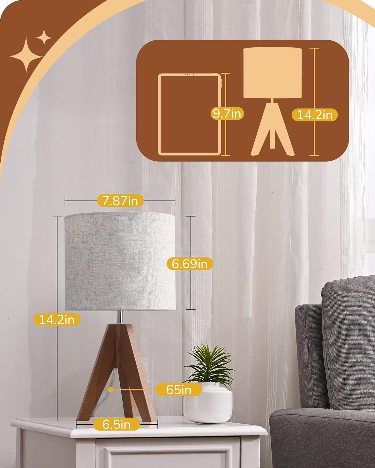 EDISHINE_Tripod_Table_Lamp,_Small_Cute_Bedside_Lamp_with_Linen_Beige_Lampshade,_Nightstand_Lamp_for_Nursery,_Bedroom,_Kid_Room,_Living_Room,_Light_Brown_Wooden_Base,_E26_Socket,_14.2_Inch