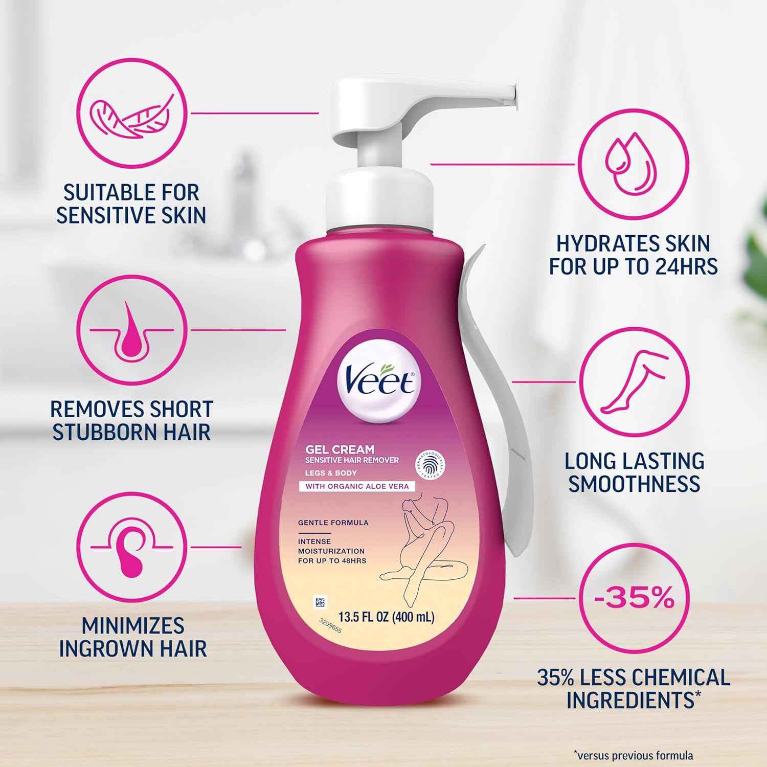 Veet Sensitive Skin Hair Removal Cream For Women, Painless Bikini Hair Removal Gel, Dermatologically Tested Depilatory Cream For Bikini Line, Legs, Arms, Underarms, 13.5 FL OZ Pump Bottle with Tool