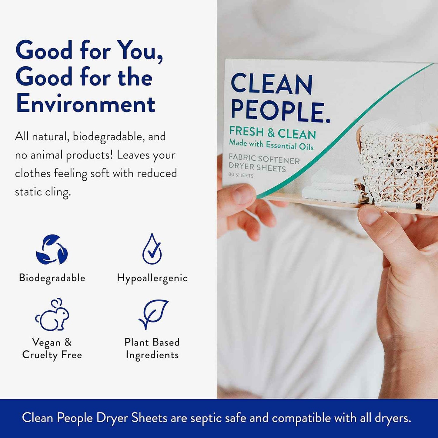The Clean People Fabric Softener Sheets - Dryer Sheets - Softens & Removes Static Cling - Vegan Laundry Softener With Essential Oils