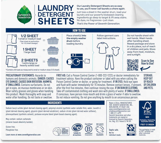 Seventh Generation Laundry Detergent Sheets 32ct Removes Tough Stains Safer for your family