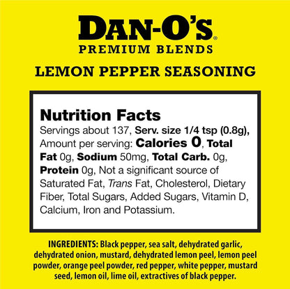 Dan-O’s Lemon Pepper Seasoning, 3.2 oz (2 Pack) – Zesty Citrus & Black Pepper Spice Blend – No Citric Acid, No Sugar – All Purpose Seasoning for Chicken, Fish, Seafood & Vegetables