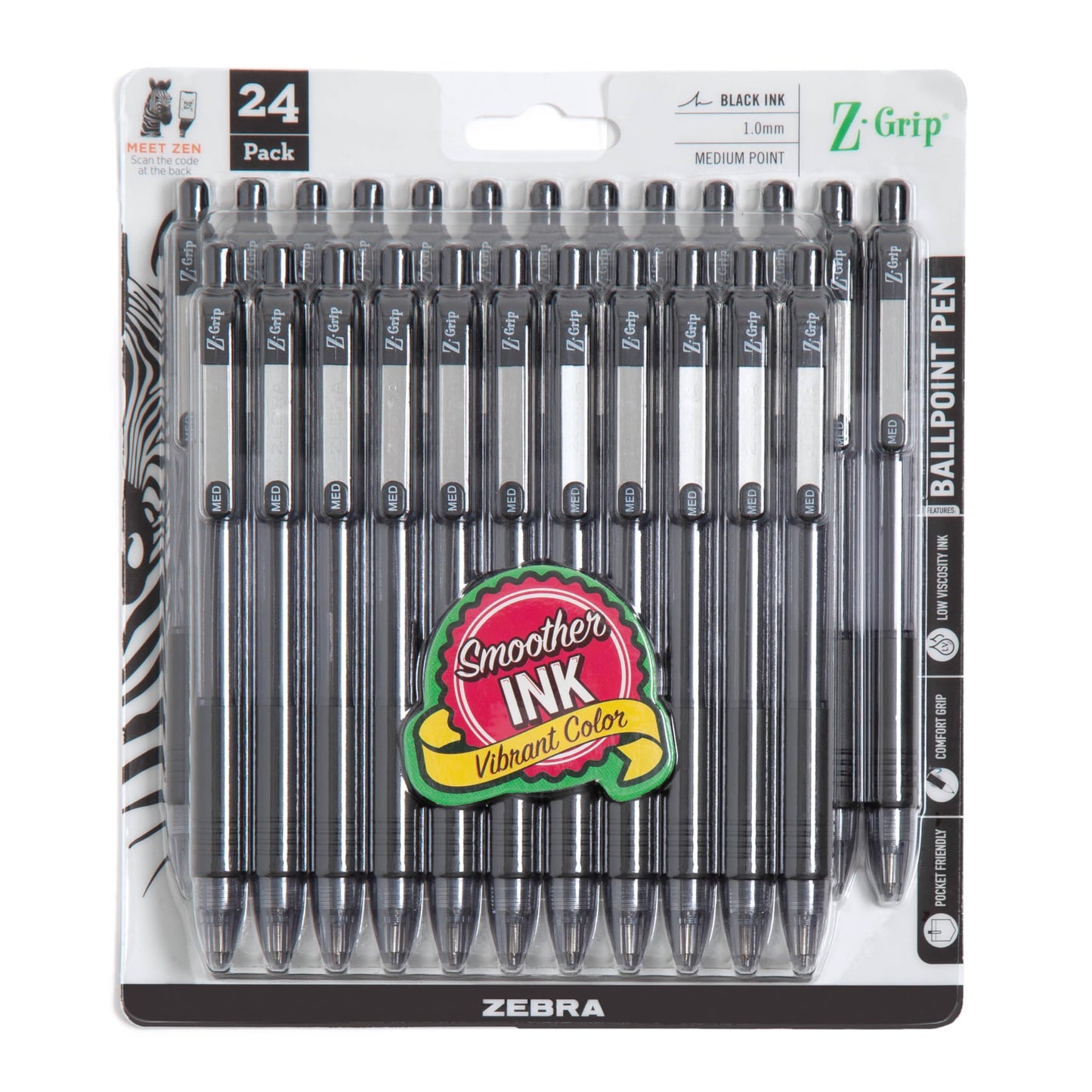 Zebra Pen Z-Grip Retractable Ballpoint Pen, Smooth-Flowing Black Ink, 1.0mm Medium Point, School &amp;amp; Office Supplies, Ideal for Note-Taking, Journal and Planner Use, 24-Pack (12221)