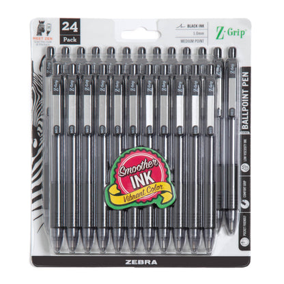 Zebra Pen Z-Grip Retractable Ballpoint Pen, Smooth-Flowing Black Ink, 1.0mm Medium Point, School &amp;amp; Office Supplies, Ideal for Note-Taking, Journal and Planner Use, 24-Pack (12221)