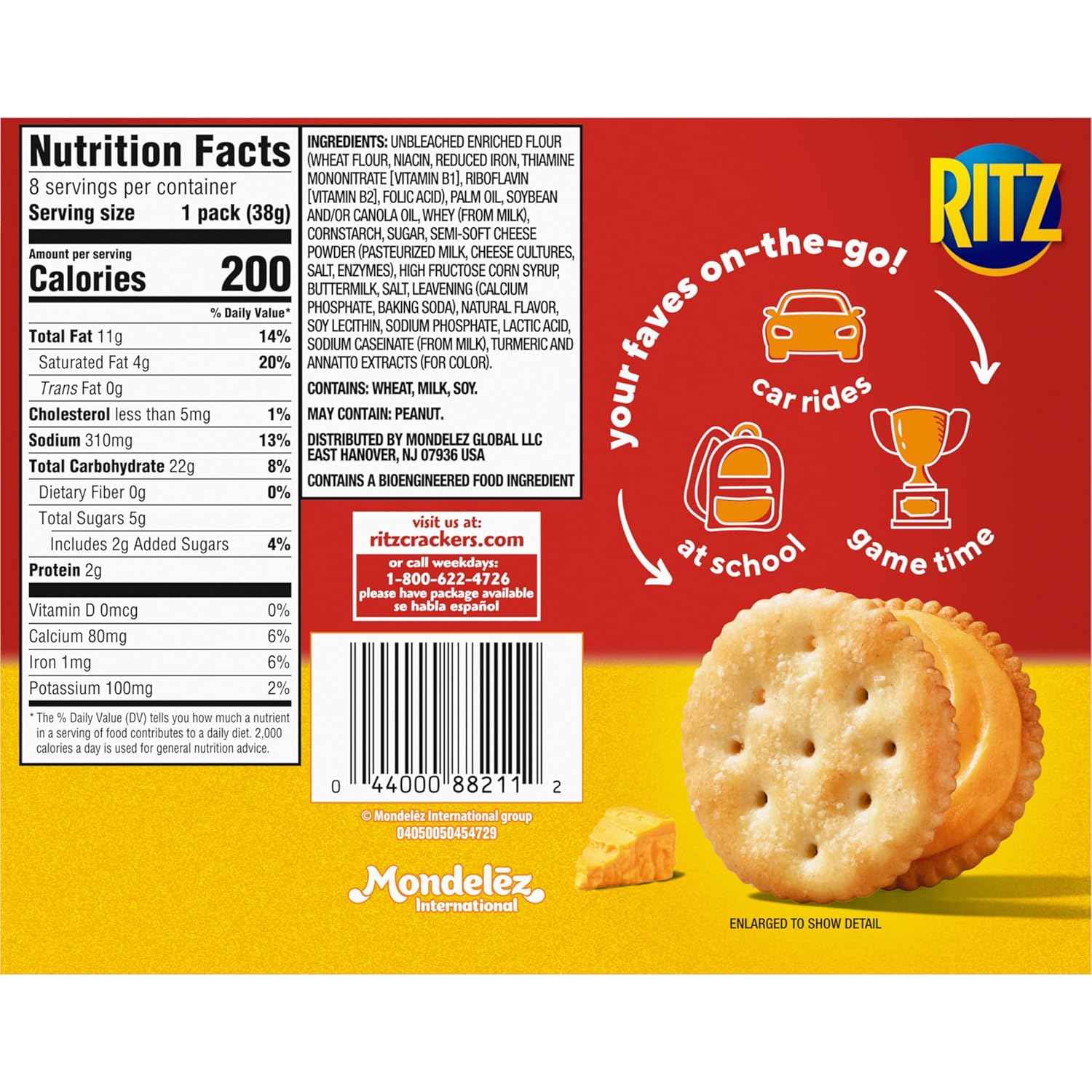 RITZ Cheese Sandwich Crackers, Lunch Snacks, 48 Snack Packs (6 Boxes, 6 Crackers Per Pack)
