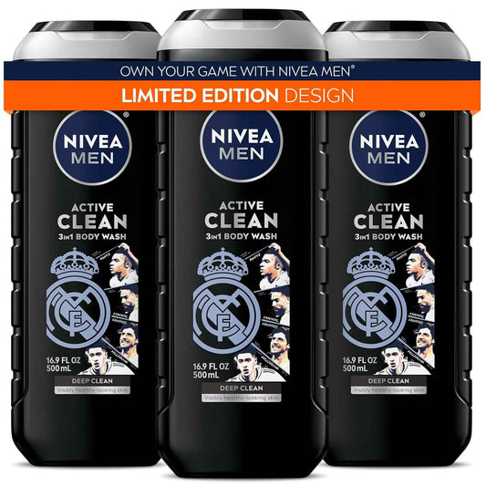 NIVEA MEN Real Madrid Limited Edition Design Active Clean Body Wash with Natural Charcoal for Normal to Oily Skin, 3-in-1 Charcoal Body Wash, Face and Hair
