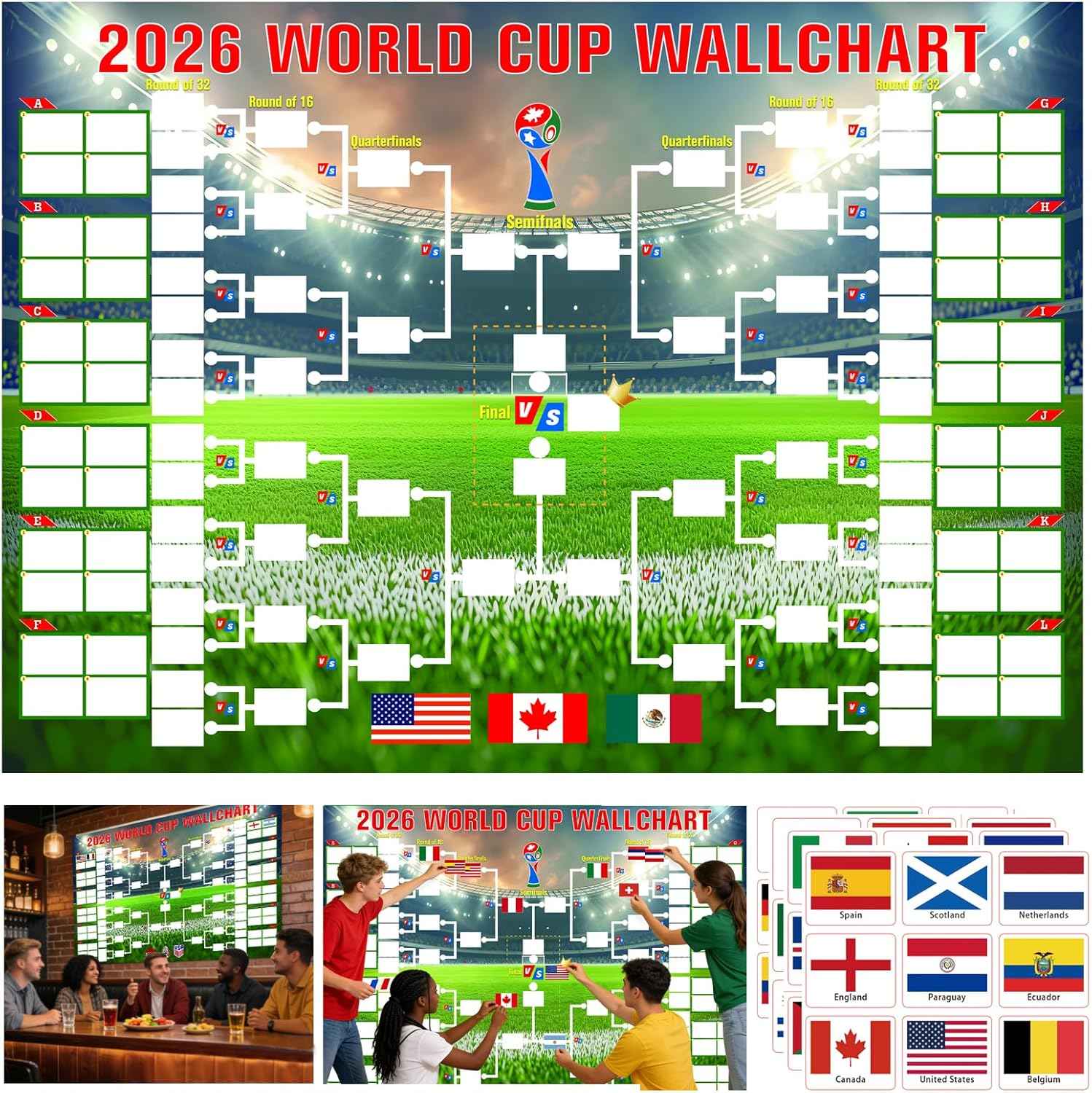 YANGALOOP 36x24 inches Predict 2026 World Cup Schedule Poster，64 Reusable National Flag Stickers with Country Names, Soccer Poster 2026 World Cup Merchandise, Soccer Gifts for Boys Room Decor
