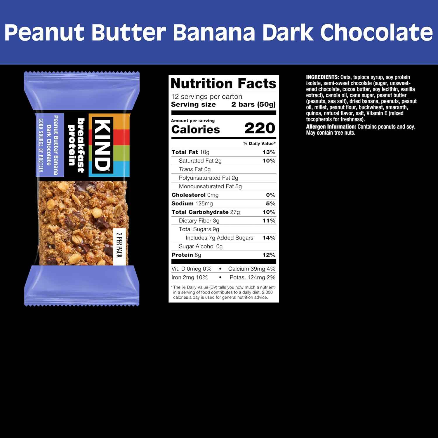 KIND Breakfast Protein Peanut Butter Banana Dark Chocolate, 8g Protein, Gluten Free, 36 Count