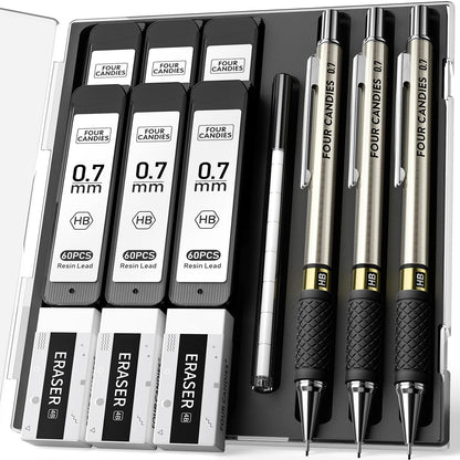 3PCS Metal Mechanical Pencil Set with 0.7mm Medium Point, 360 Leads, 12 Erasers, Art Mechanical Pencils Pack with Storage Case for School Writing, Sketching, Drawing &amp;amp; Professional Drafting