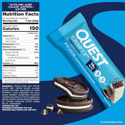 Quest Nutrition Crispy Cookies & Cream Hero Protein Bar, 18g Protein, 1g Sugar, 3g Net Carb, Gluten Free, Protein Snack, Keto Friendly, 12 Count