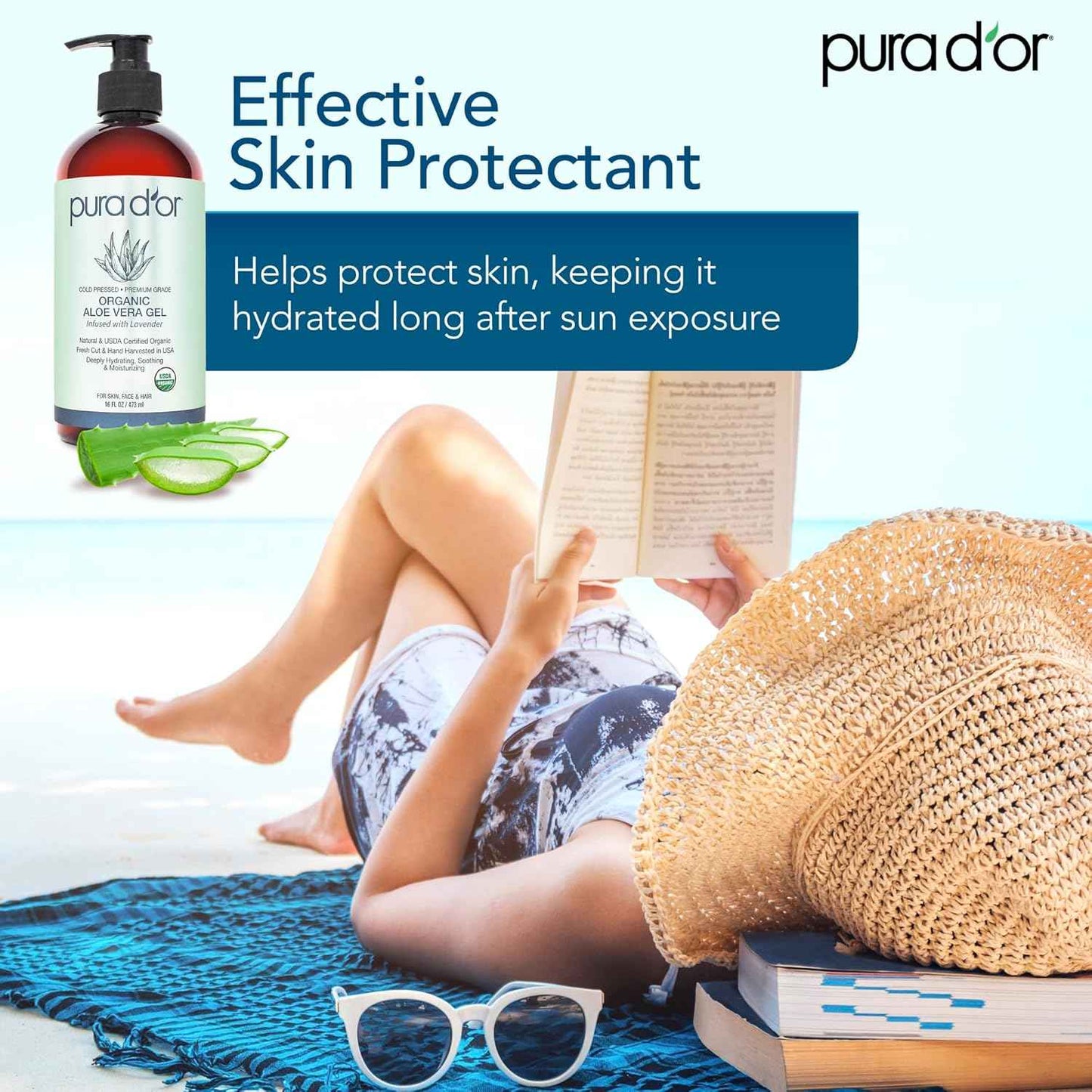 PURA D'OR 16 Oz ORGANIC Aloe Vera Gel - All Natural - ZERO Artificial Preservatives - Deeply Hydrating & Moisturizing - Sunburn, Bug Bites, Rashes, Small Cuts, Eczema Relief - Skin & Hair