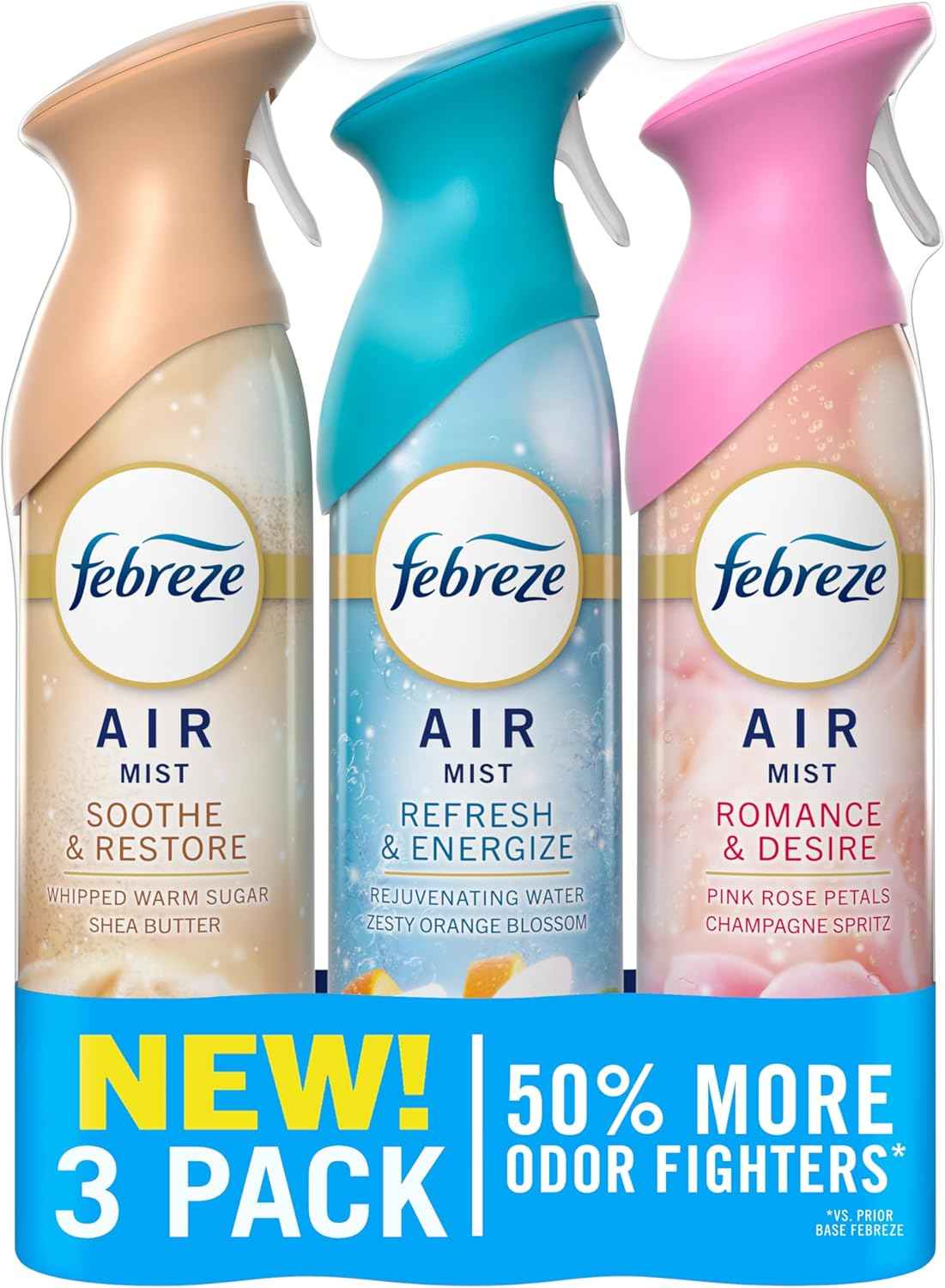 Febreze Air Mist, Air Freshener, Odor Fighting Room Spray, Deodorizer for Home Bathroom Kitchen Office Apartment, Soothe & Restore, Refresh & Energize, Romance & Desire Variety Pack