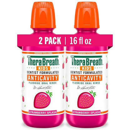 TheraBreath Kids Mouthwash with Fluoride, Organic Strawberry Splash, Anticavity, 16 fl oz, 2 Pack