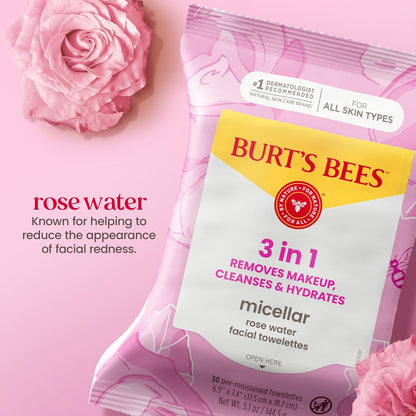 Burts_Bees_Micellar_Rose_Water_Facial_Towelettes,_100%_Plant_Based_Cloth;_99%_Natural_Origin;_Remove_Makeup,_Cleanse,_Hydrate;_No_Greasy,_Oily_Residue;_All_Skin_Types;_30_Ct,_Pack_of_3_(Pack_May_Vary)