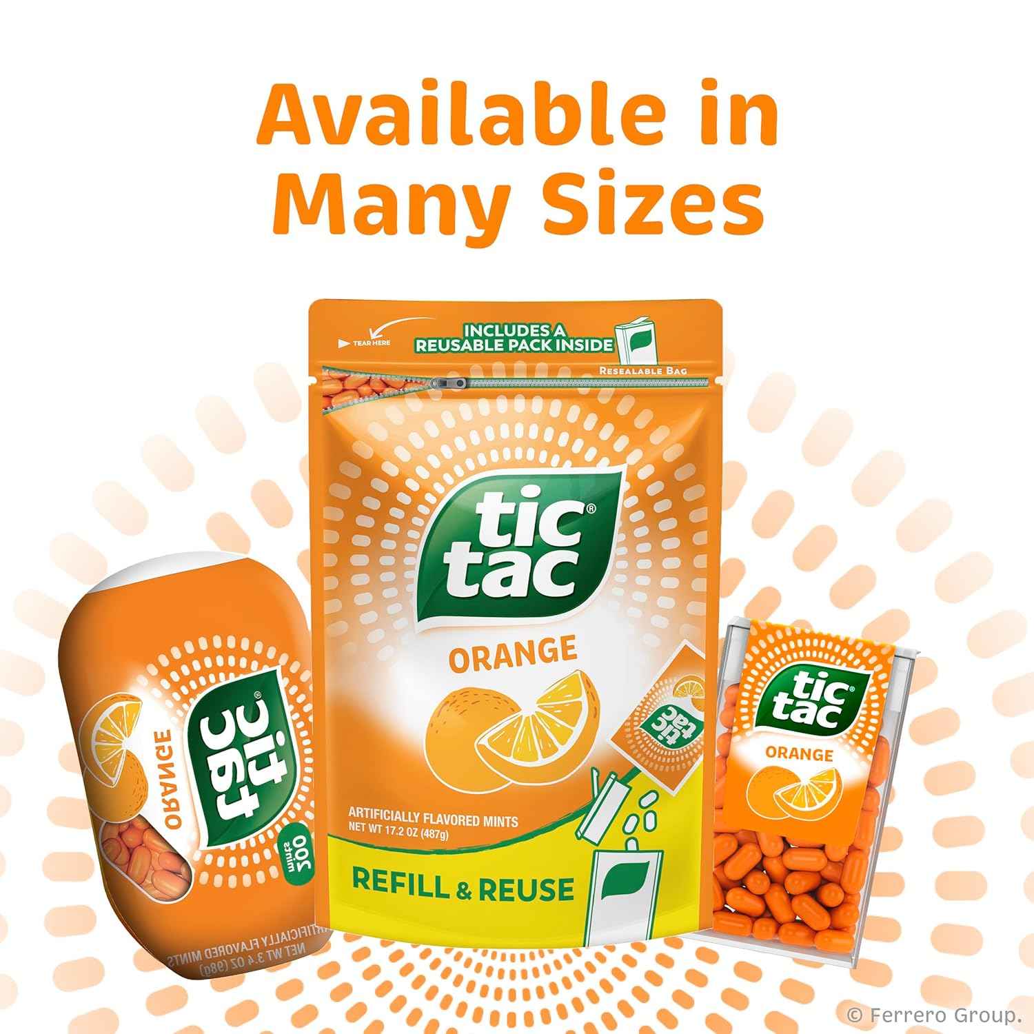 Tic Tac Bulk Orange Refill Bag, On-the-Go Pocket-Sized Mints, Includes Empty Refillable Pack, 17.2 oz
