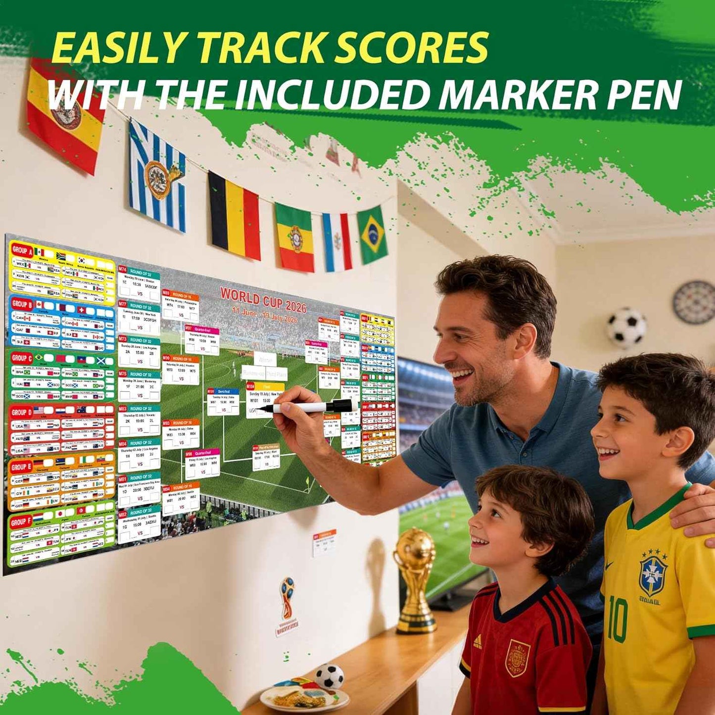 2026 World Cup Schedule Poster – Extra Large 43.31"x17.72" Waterproof PP, Dry Erase Soccer Tournament Wall Chart with Knockout Bracket & Group Stage Tracker – Perfect for Home, Office, Bar, Viewing Parties & Fans