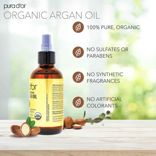 PURA D'OR 4 Oz Organic – 100% Pure Cold-Pressed Virgin Grade – Lightweight Moisturizer for Skin, Face, Body & Hair Relaxer – Helps Dry Skin, Scalp Care, Split Ends, Nails & Cuticles