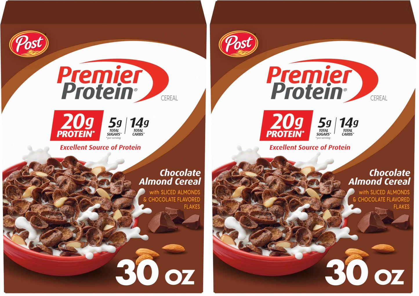 Post Premier Protein Cereal, Chocolatey Protein Cereal Flakes with Sliced Almonds, Contains 20g of Protein Per Serving, 30 OZ Box